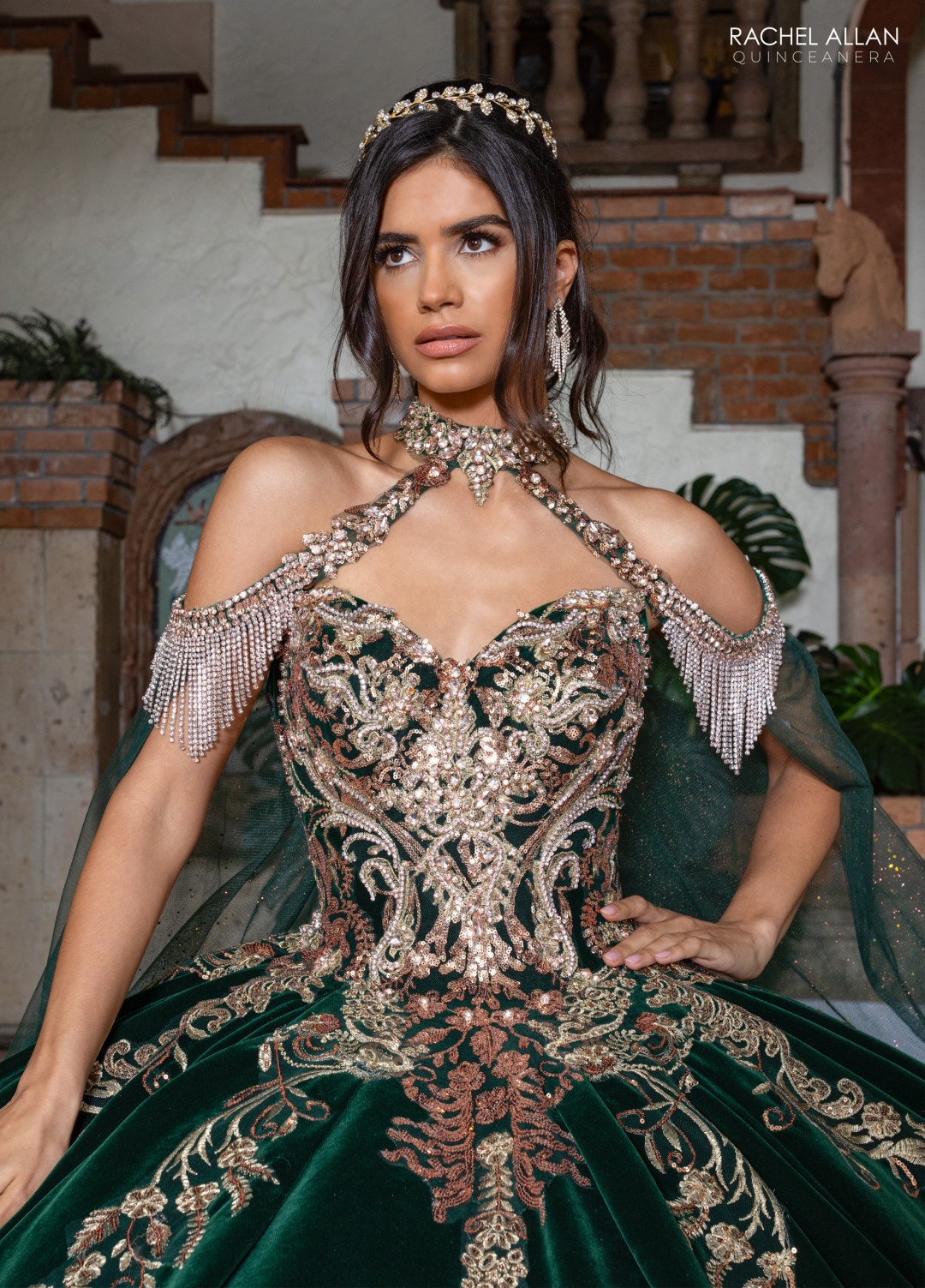 •	Rachel Allan Style RQ3160 Alta Couture quinceañera dress in emerald featuring luxe velvet with sequins, beaded fringe and embroidery